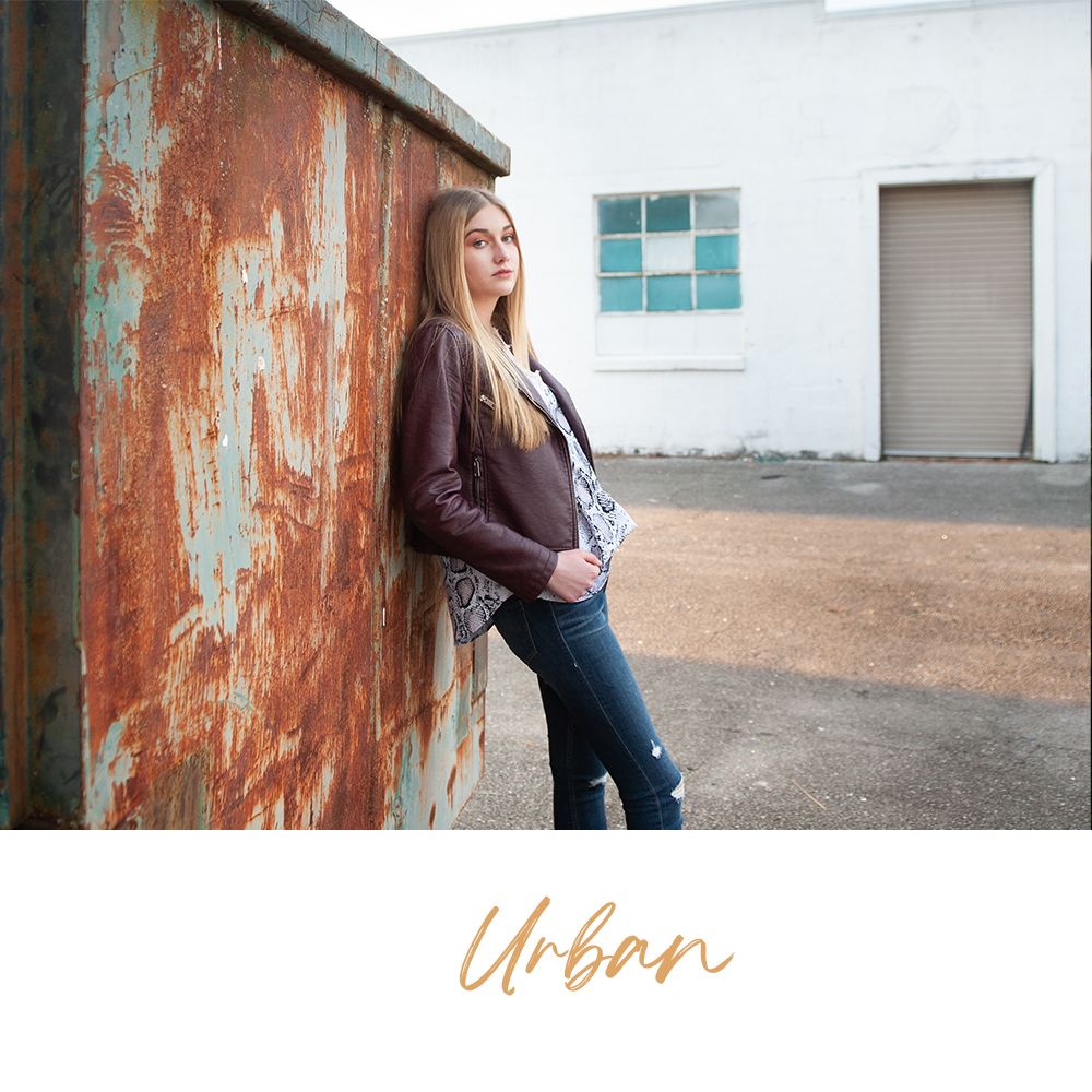 Outdoor urban portraits against rustic metal walls with industrial aesthetic.