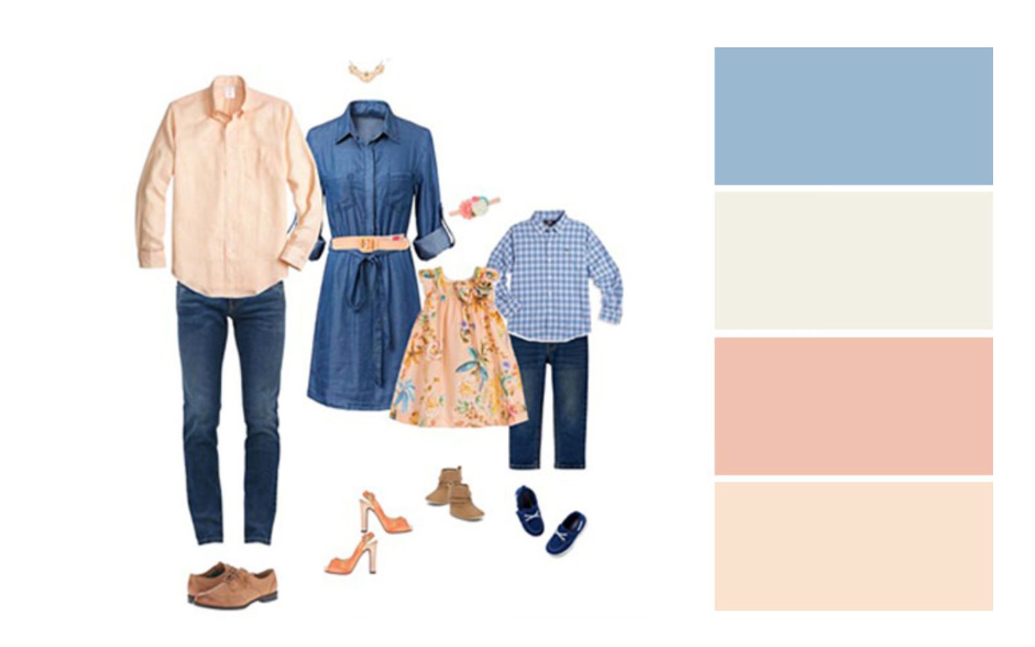 Coordinated family wardrobe in blue, pink and white with matching color palette.