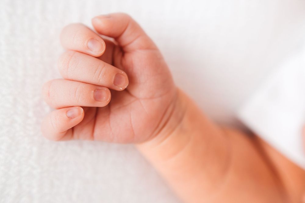 Close-up detail of tiny newborn baby fingers grasping gently against a soft white background.