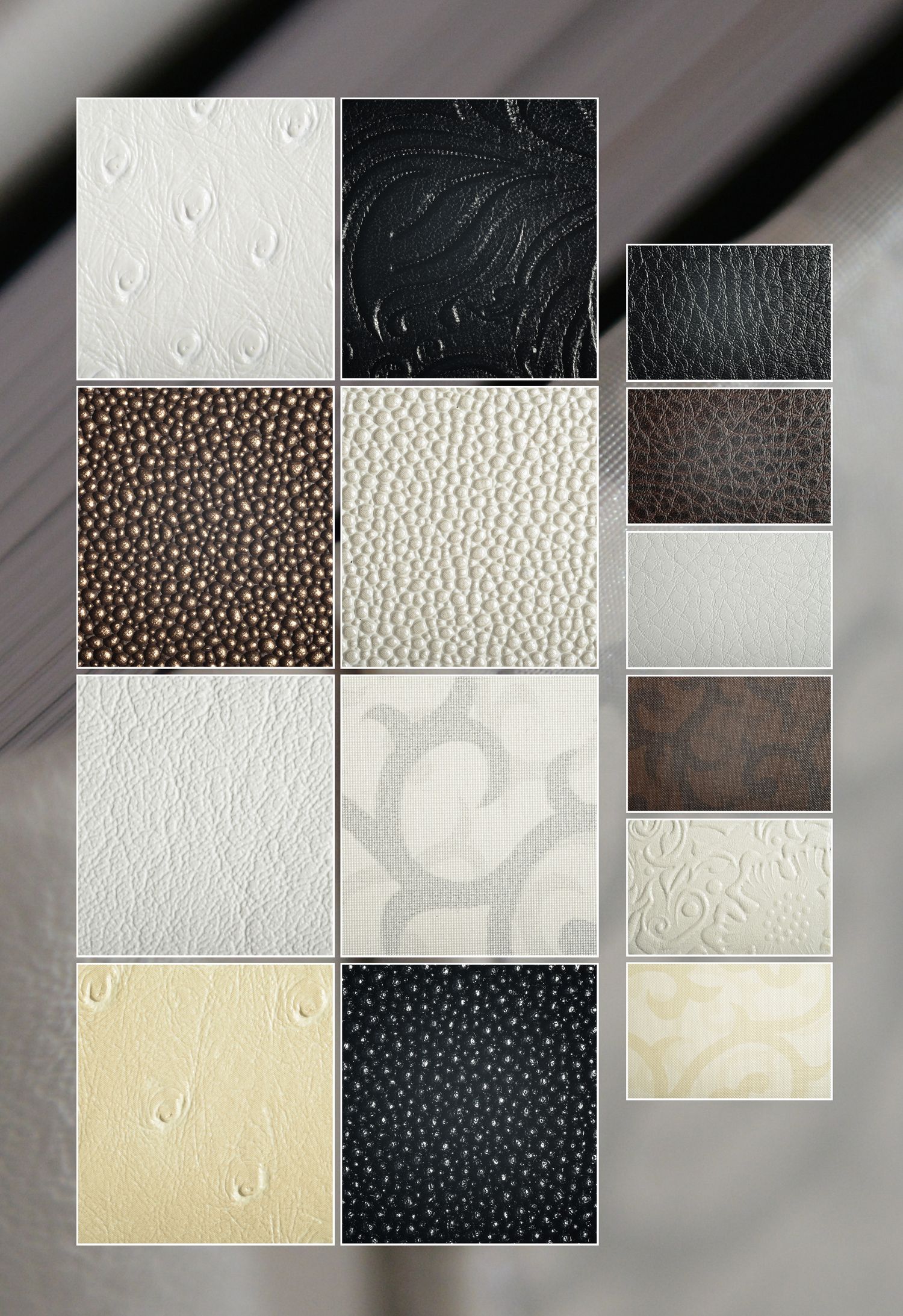 Collection of leather and textured material swatches in various neutral colors including black, white, brown and beige.