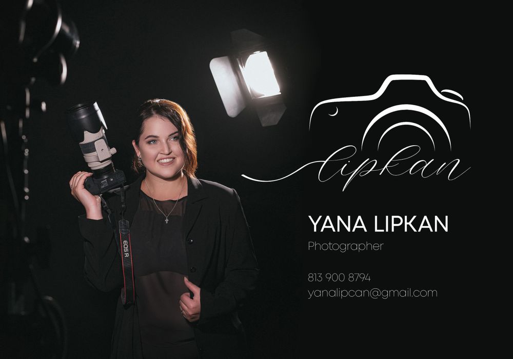 Professional photographer holding camera with stylized logo design.