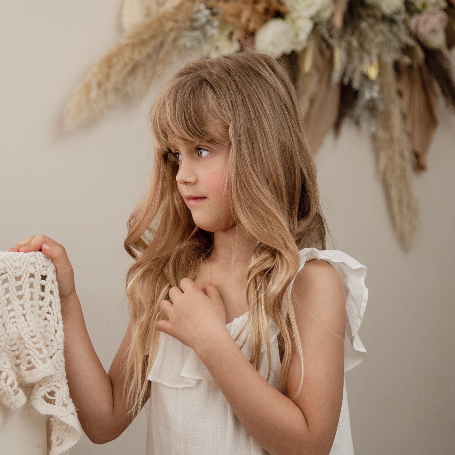 Children's Photography, Floral neutral tones, White dress.