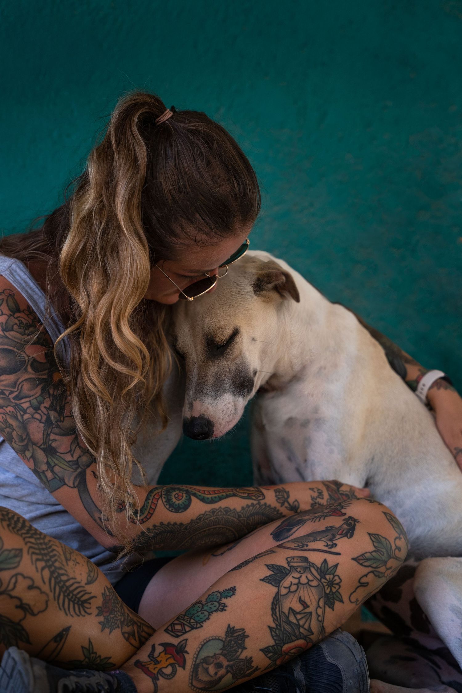 Tattooed woman gently embracing sad shelter dog against teal green background indoors.