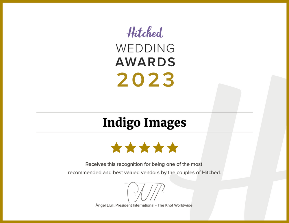 Hitched Wedding Awards 2023 five-star recognition certificate for Indigo Images.