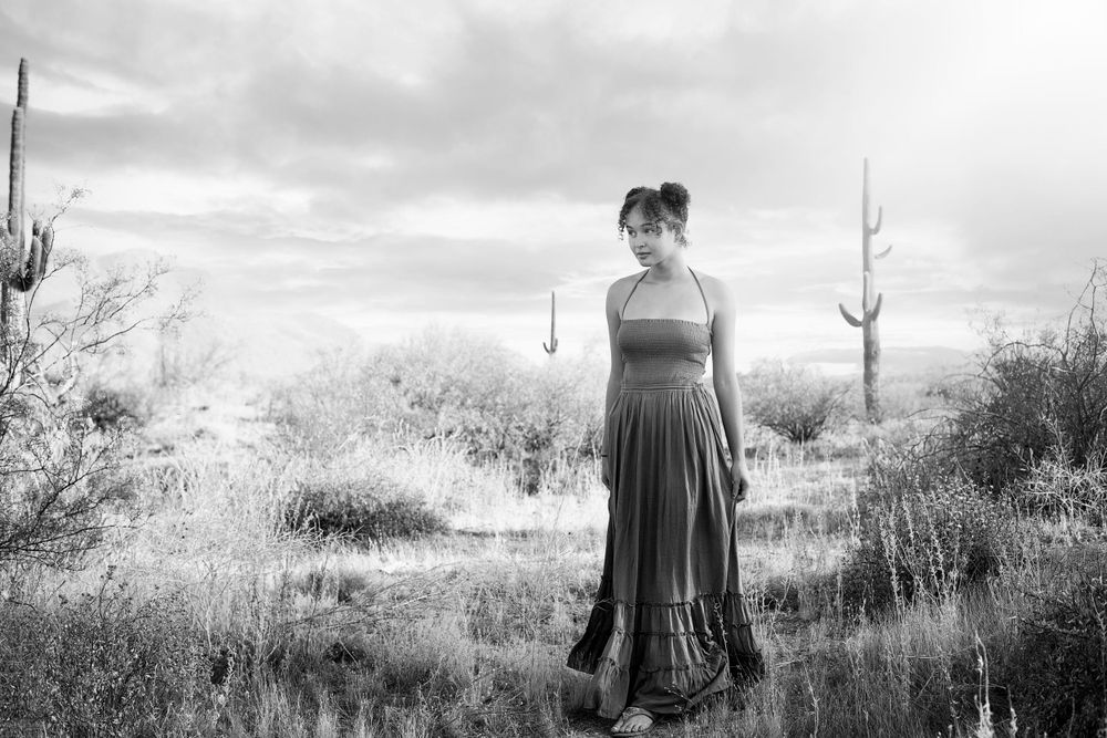 Black and white desert landscape with figure walking among saguaro cacti.