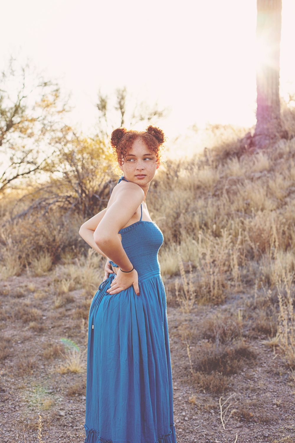Person in a bright blue dress poses gracefully against desert brush at sunset.