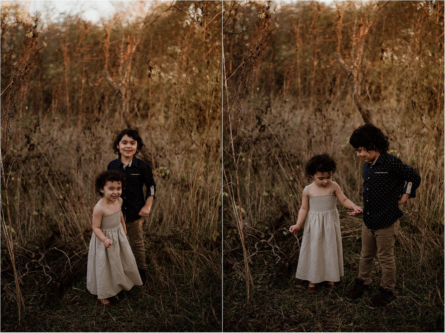 Family lifestyle session showing candid moments in tall grass at sunset.