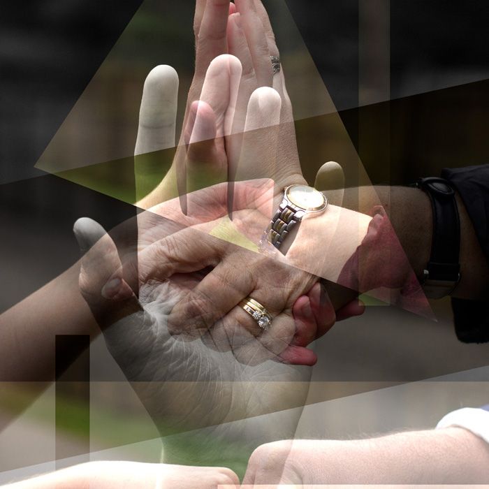 Multiple overlaid images of hands with jewelry and rings creating an artistic geometric composition.