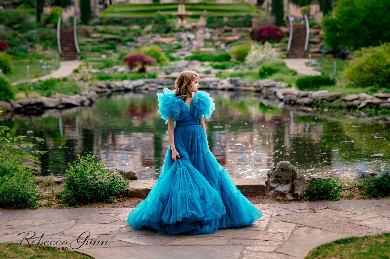 Child couture blue turquoise gown at Philbrook Museum on tween girl in Tulsa Oklahoma