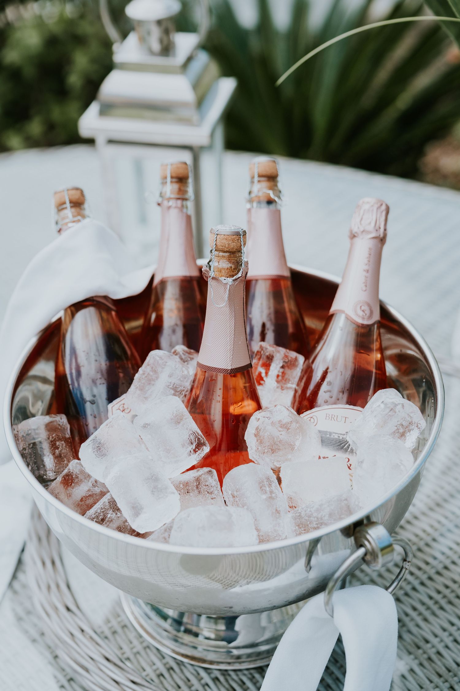Pink champagne bottles chilling in a silver ice bucket with white ribbon decoration.