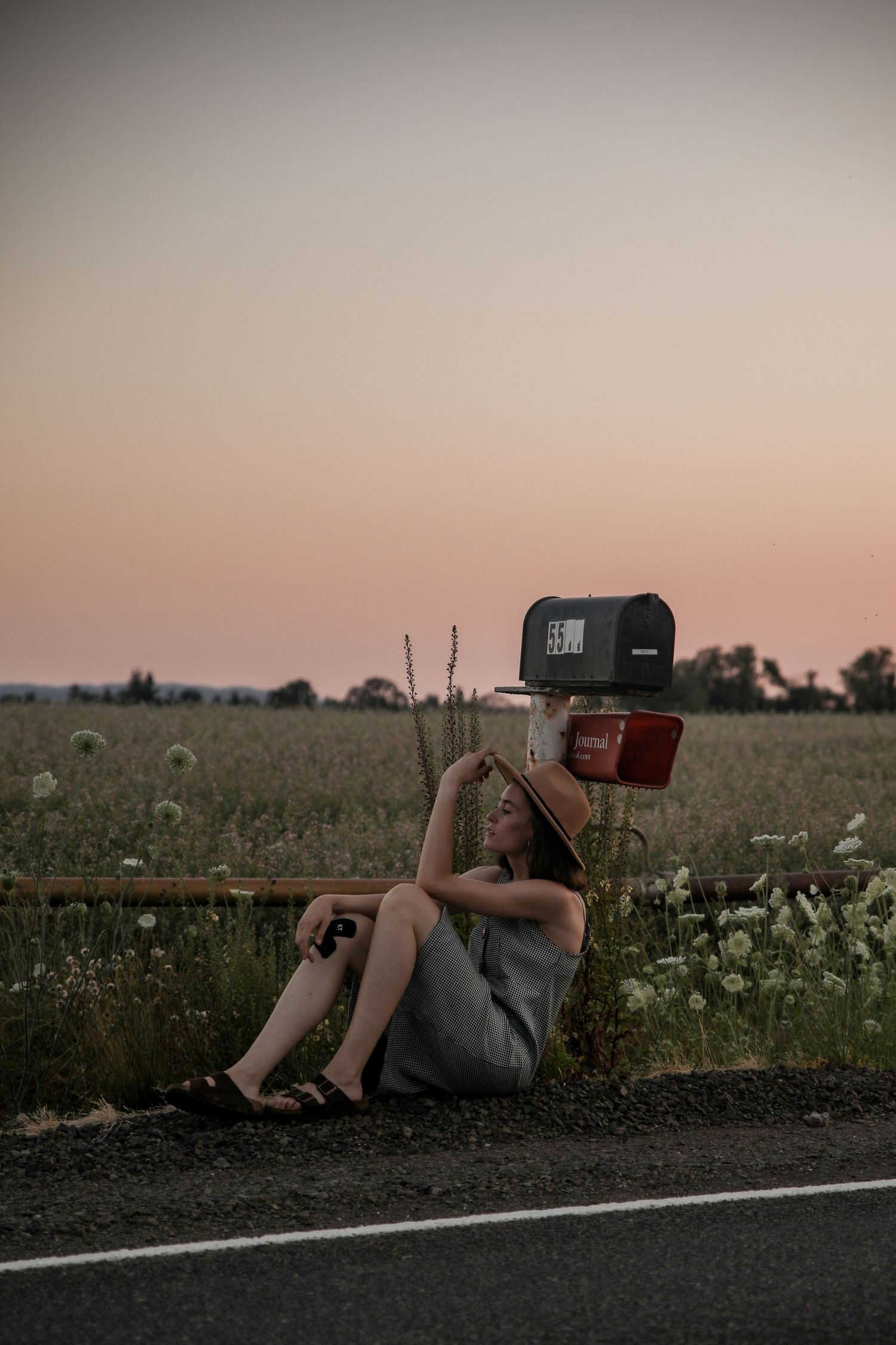 A GoPro camera mounted on a post captures the sunset in a rural field setting.