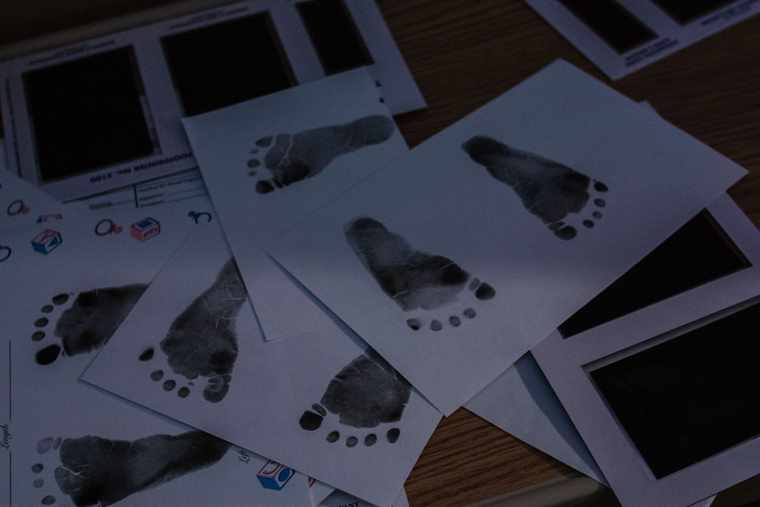 Footprint cards made by the nurse at Mercy Medical Center in Sioux City, IA of a newborn's feet.