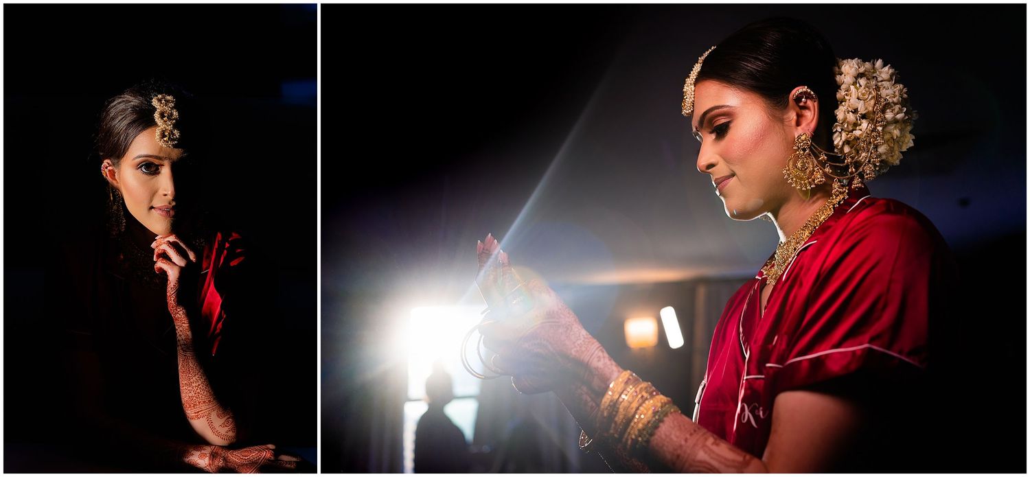 Dramatic moody portraits with creative lighting and traditional South Asian bridal attire.