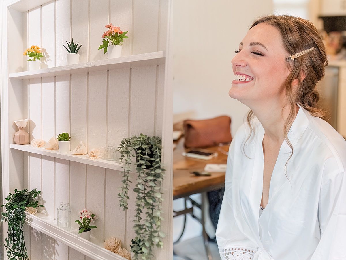 photographs of smiling bride and getting ready suite details
