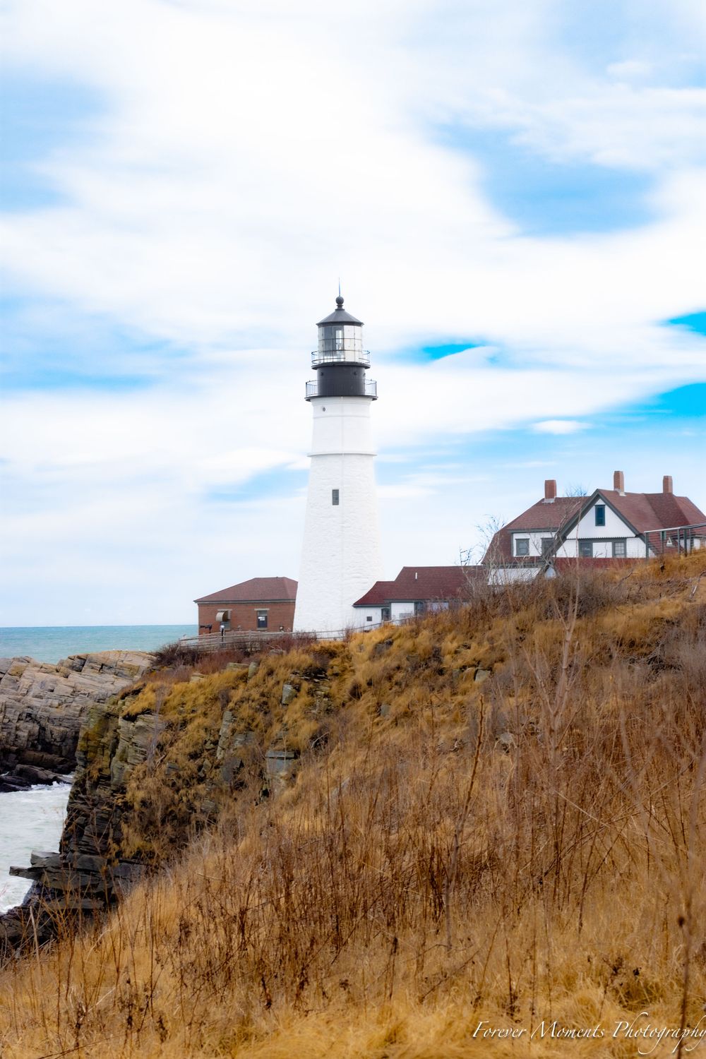 Historic lighthouse and keeper's houses stand atop golden grass-covered cliffs overlooking the ocean.