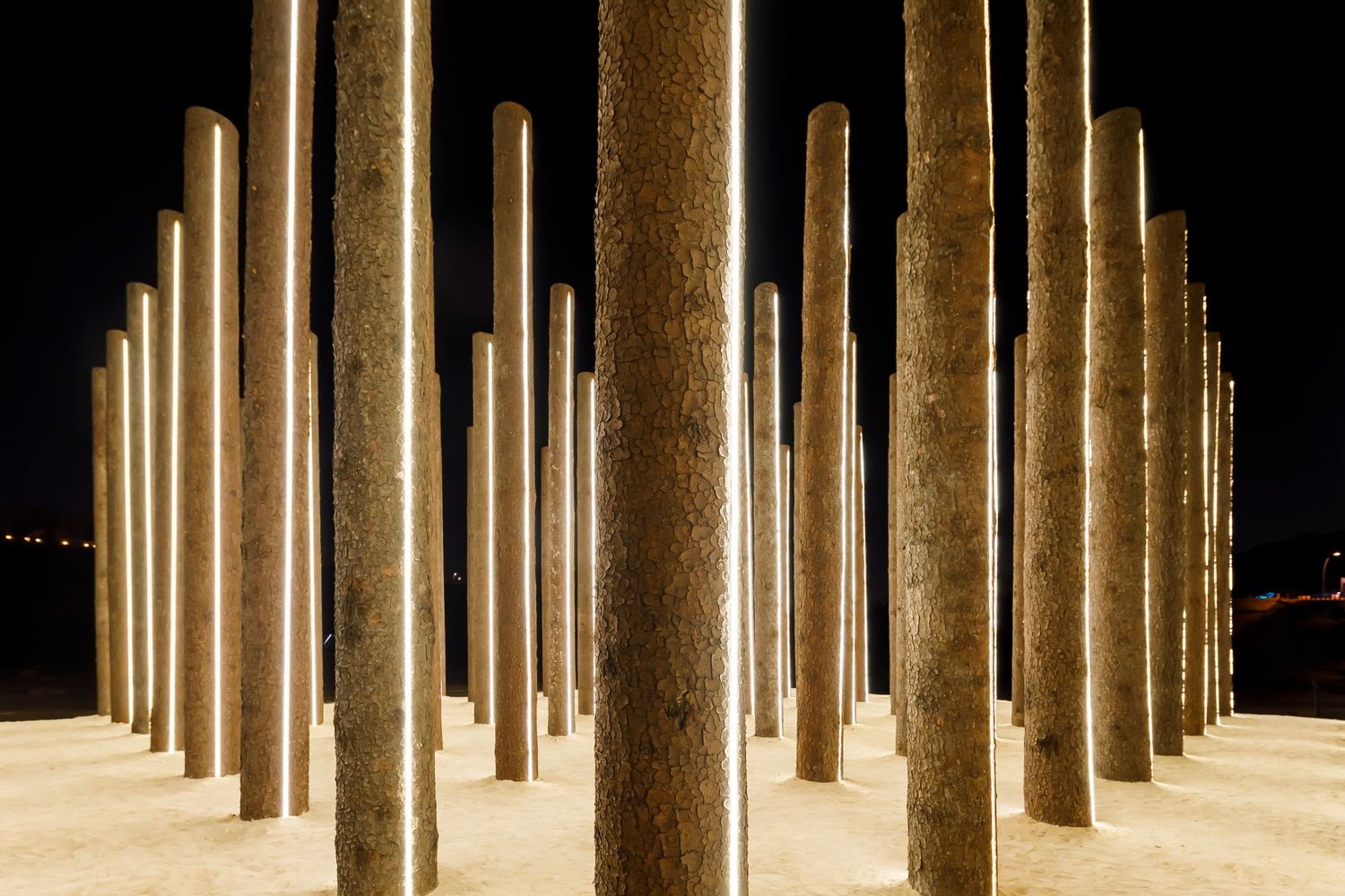 Geometric arrangement of illuminated metal poles casting shadows in a dark space.