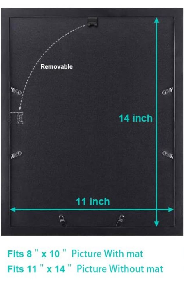 Back of black picture frame measuring 11x14 inches, fits 8x10 with mat or 11x14 without mat.