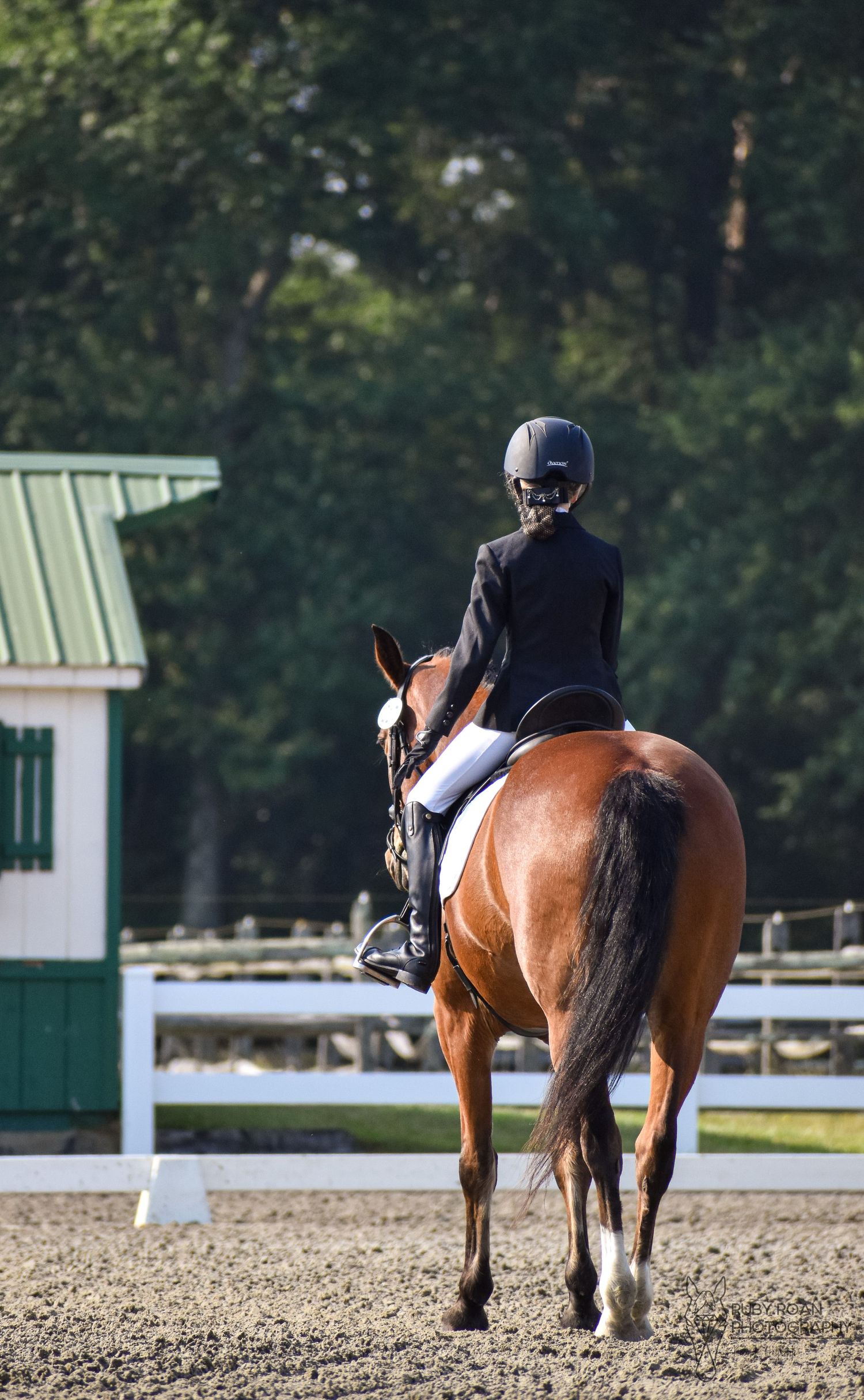 girl with black jacket on a brown pony