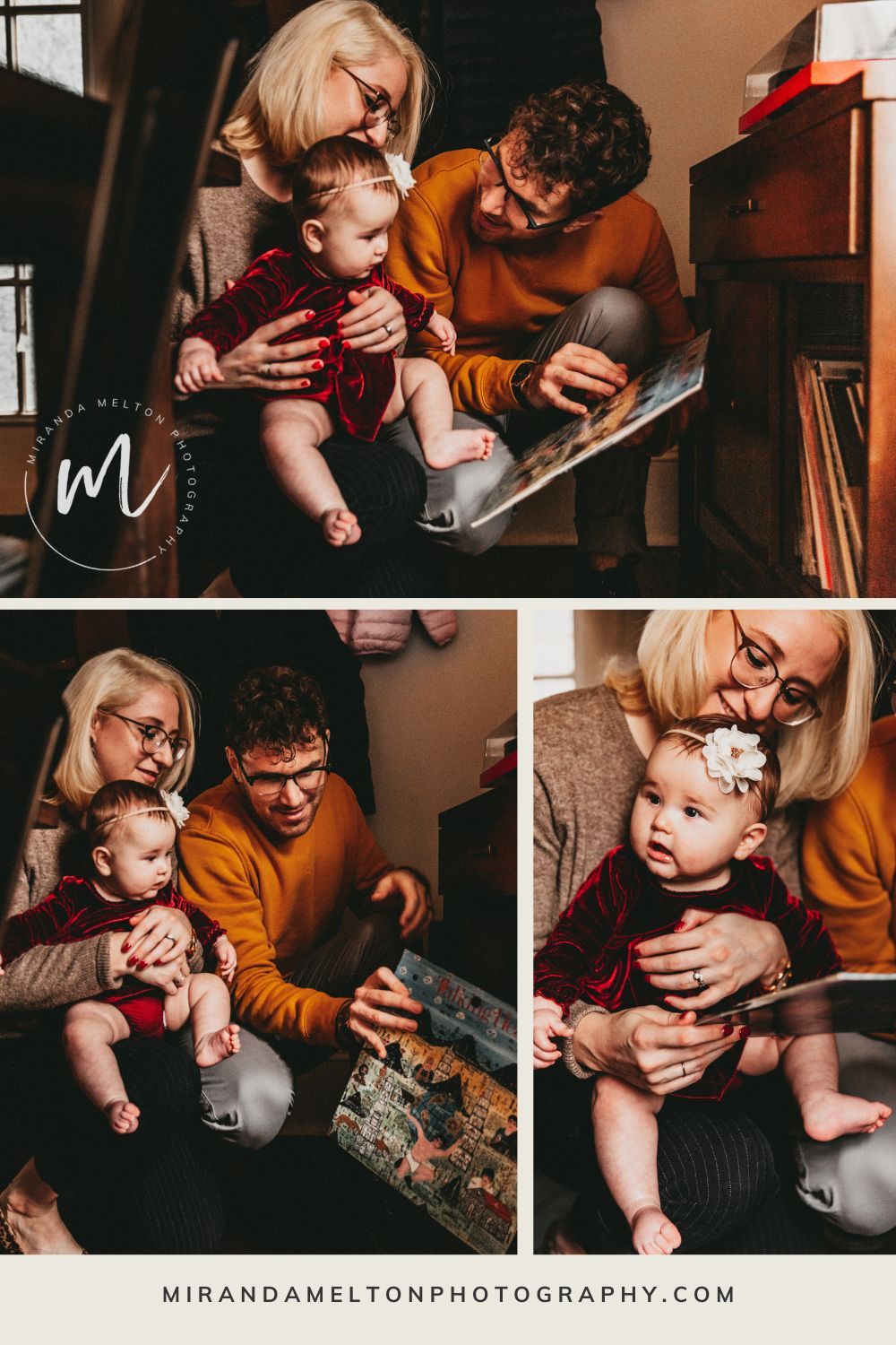 Collage of 3 photos of a family listening to records is displayed as a concept for family photo ideas in the Twin Cities