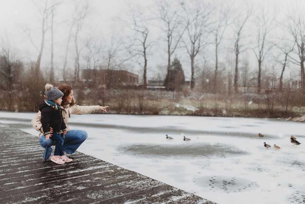 Figure crouches on wooden boardwalk watching ducks swim on frozen pond.