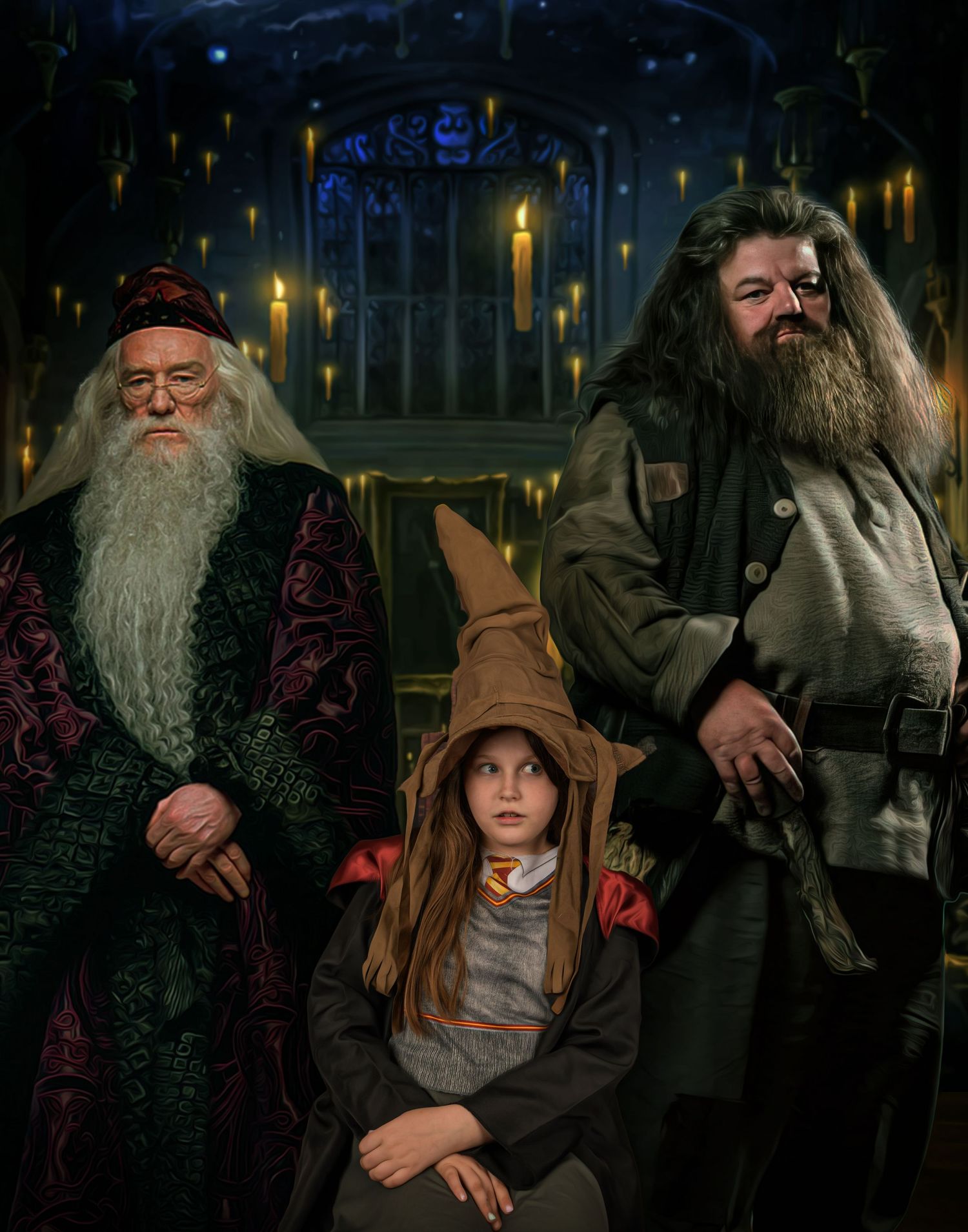 A magical portrait with two bearded wizards in a grand hall with floating candles.
