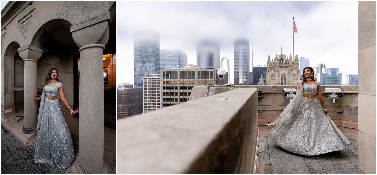 Elegant silver ballgown photographed against classic stone architecture and city skyline views.