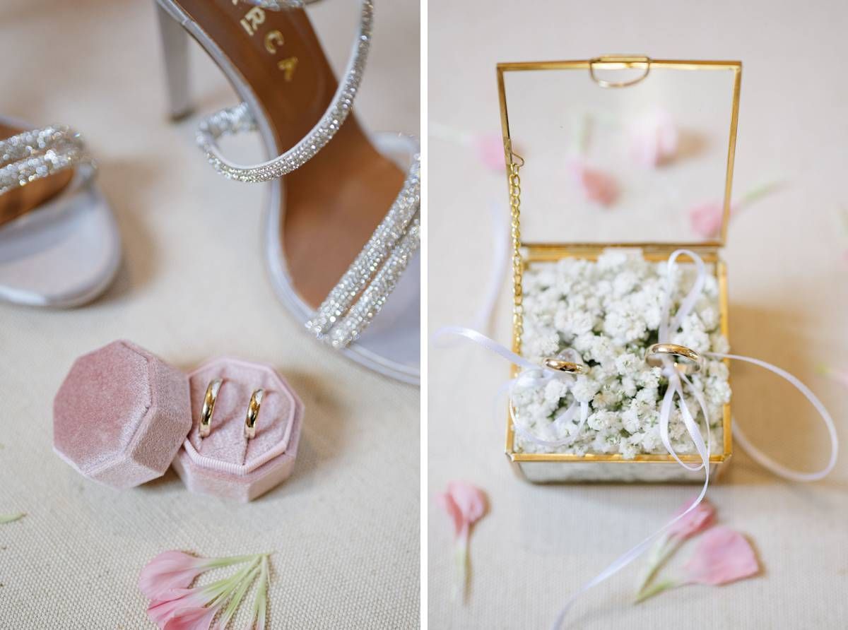 Wedding accessories including sparkly silver heels, pink jewelry box, and decorative gold frame with white flowers.