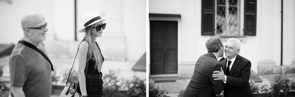 Black and white candid moments captured outside during formal event.