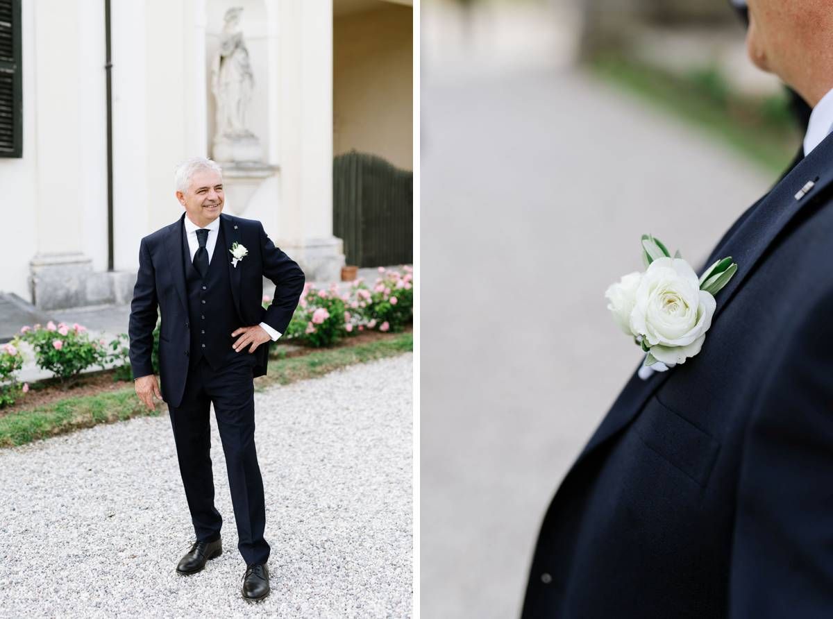 Classic formal portrait and detail shot of white boutonniere on dark suit.