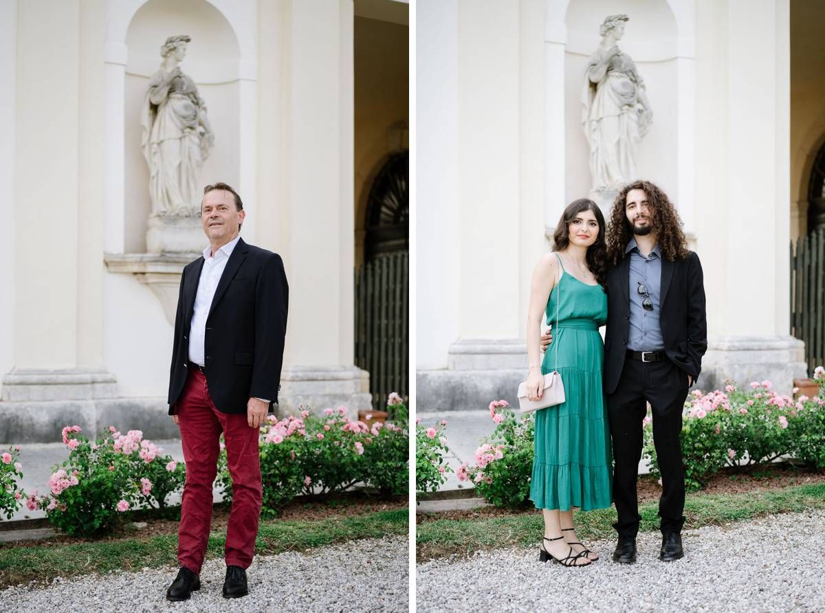 Formal portraits against white architectural backdrop with statue and blooming garden.