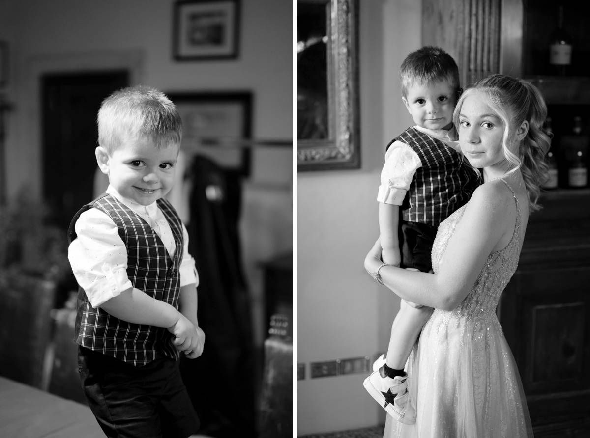 Two contrasting black and white photos showing formal wedding day portraits.