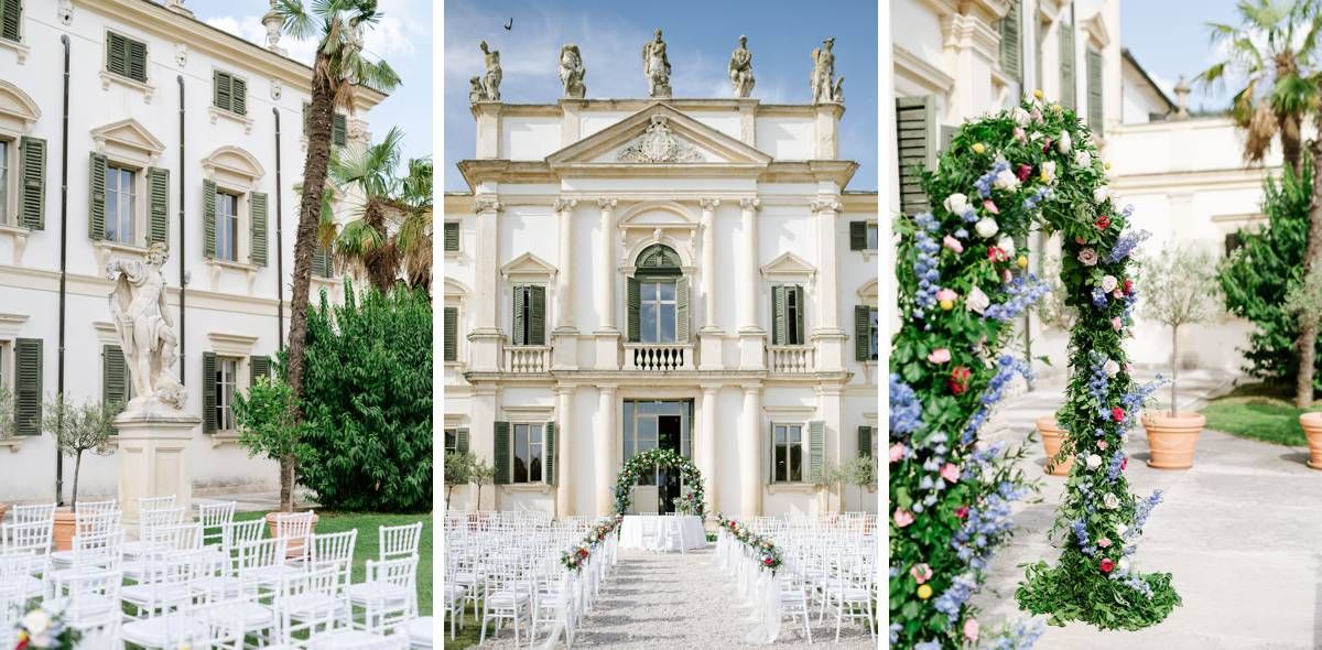 Elegant wedding venue with grand white architecture featuring classical Roman-style statues and floral decor.