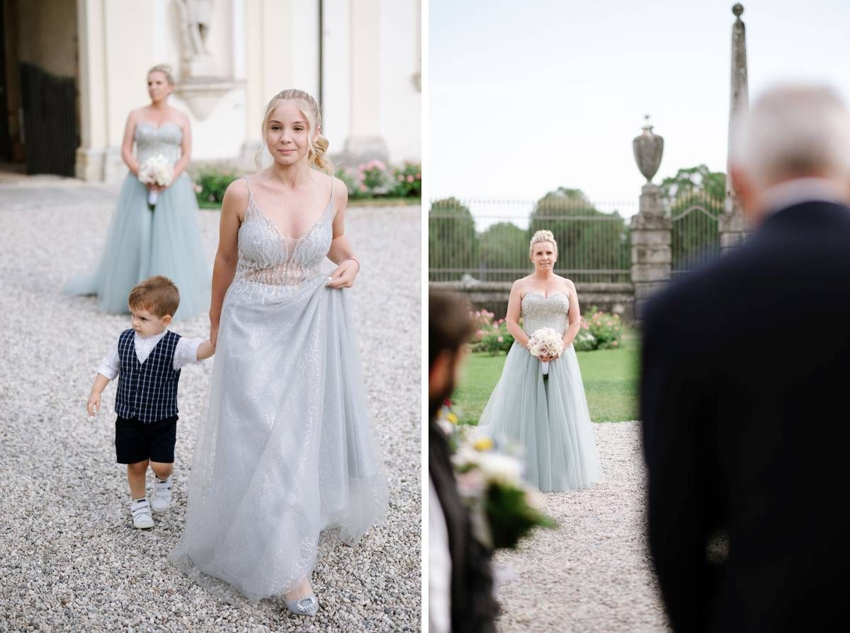 A pair of wedding photographs showing elegant moments on the grounds of a historic estate.