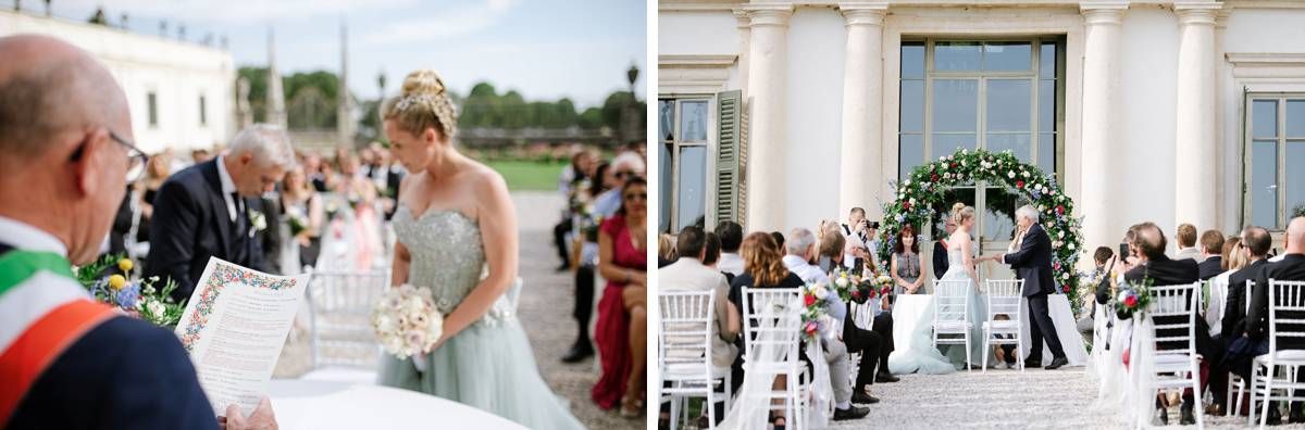 Side-by-side views of an elegant outdoor wedding ceremony with white chairs and floral decorations.