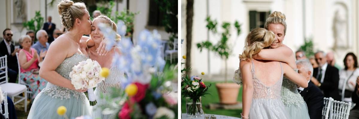 Two celebratory moments from a wedding ceremony with floral decorations.