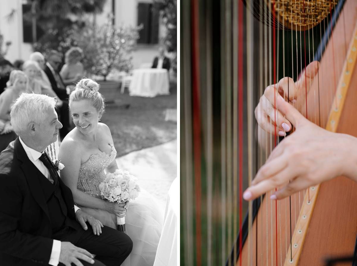Wedding ceremony photo split between guests outdoors and close-up of elegant harp strings.