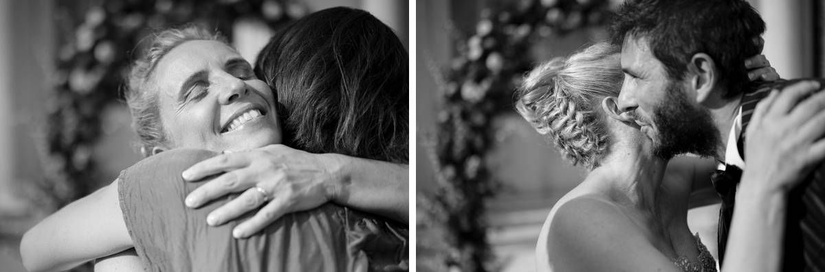 Black and white emotional wedding moments showing heartfelt embraces during a celebration.