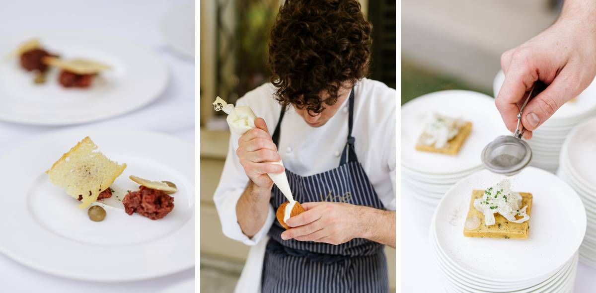 Chef plating elegant desserts in professional kitchen setting.