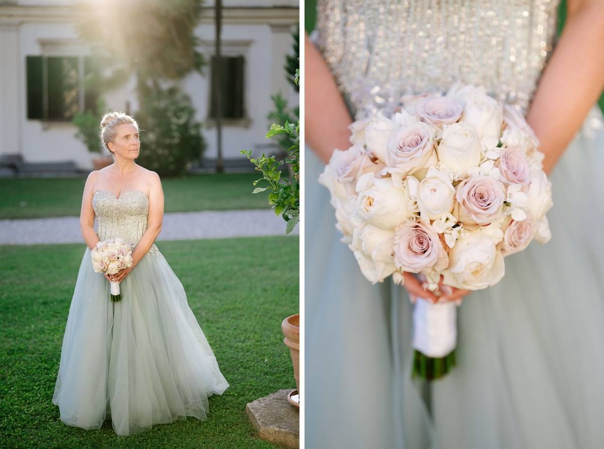Elegant wedding featuring a soft sage green tulle gown and romantic blush and ivory rose bouquet.