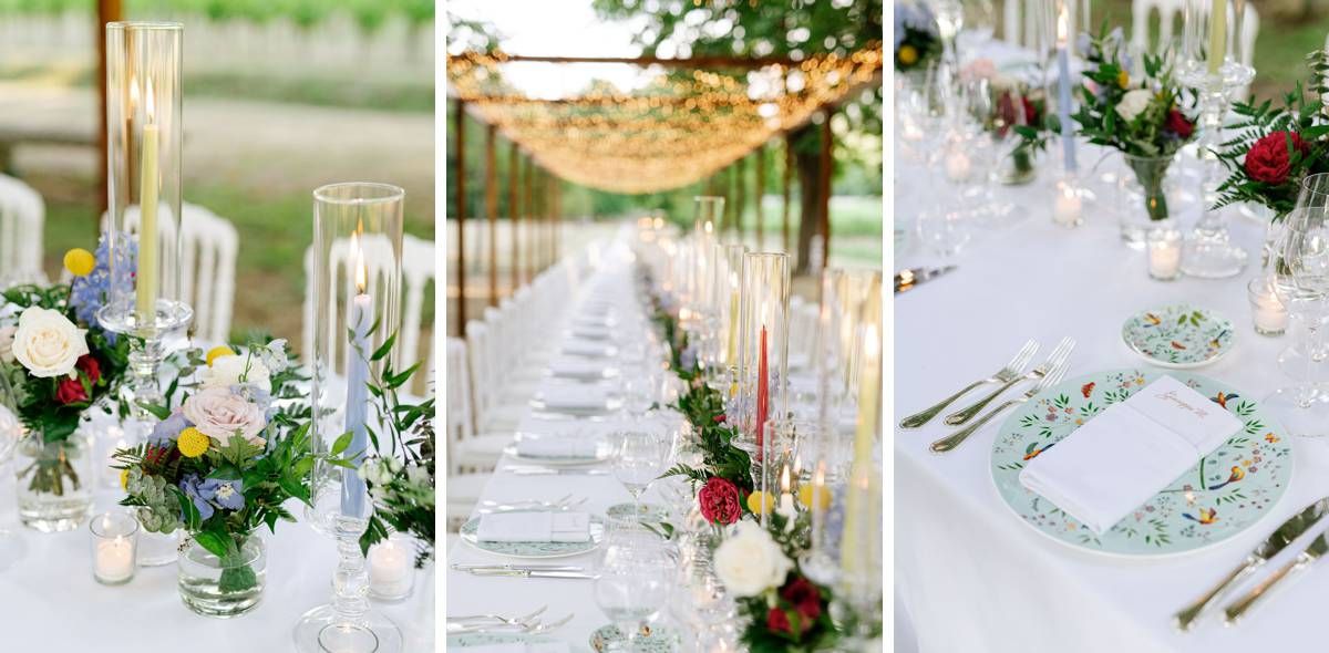 Close-up details of an elegant outdoor wedding reception table with delicate floral arrangements and place settings.