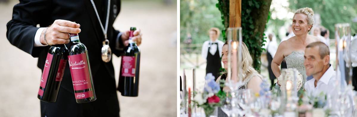 Wedding reception details showing wine bottles and guests enjoying the celebration.