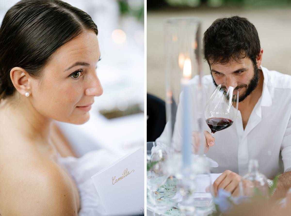 Intimate wedding reception moments captured during wine tasting.