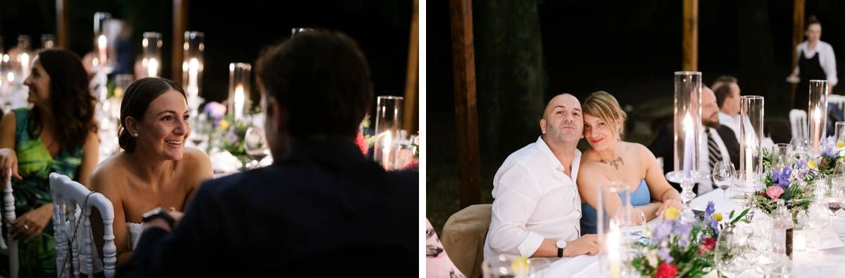 Wedding guests raise glasses in celebration during emotional reception dinner toasts.