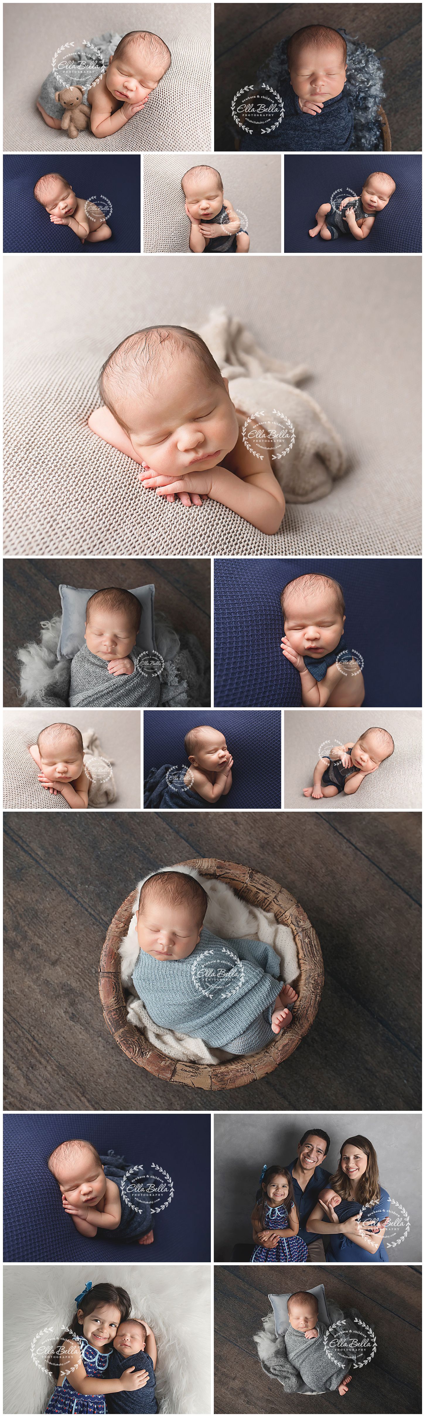 Professional newborn photo collection showing sleeping baby in various poses with blue and gray tones.