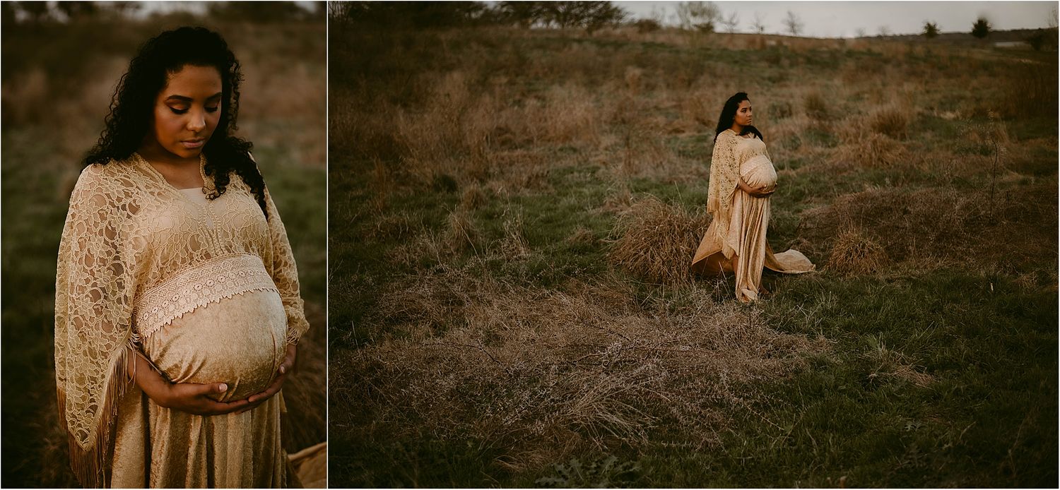 Artistic maternity photos combining close-up and full-length shots in a natural landscape.