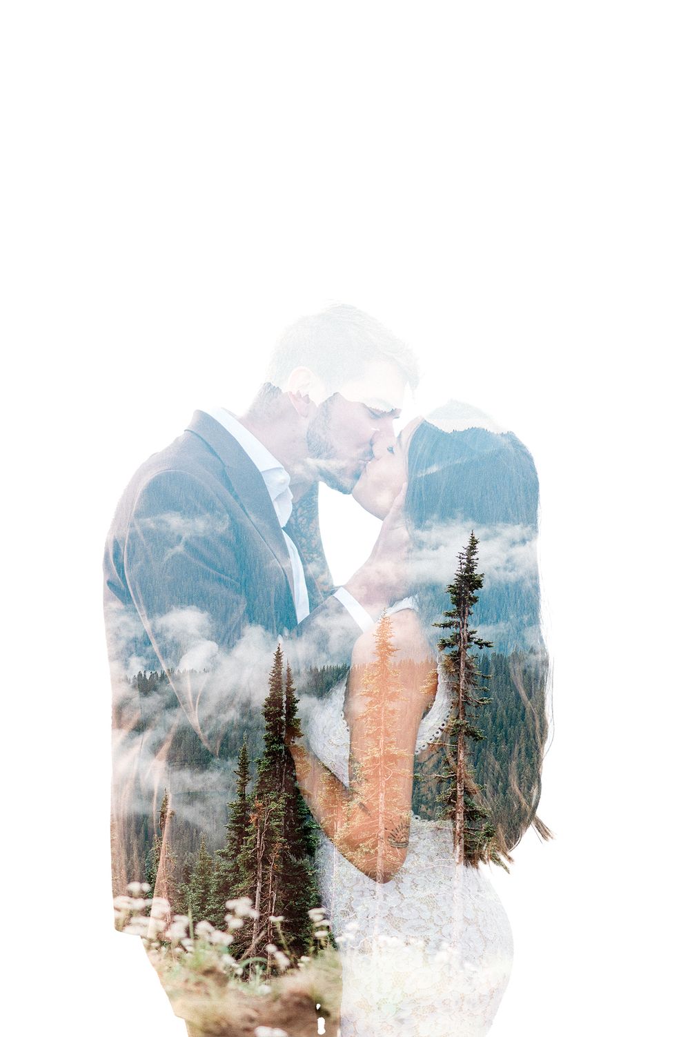 Double exposure photo showing mountains, pine trees and cloudy skies with a bride and groom kissing.