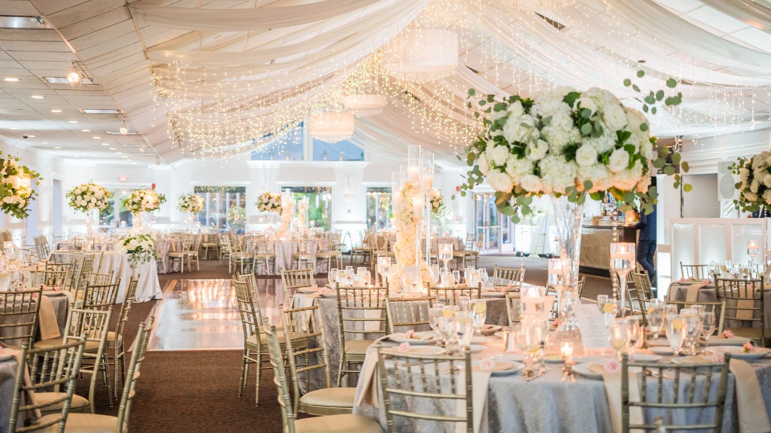 Interior of the Flowwerfield banquet hall decorated for a wedding.