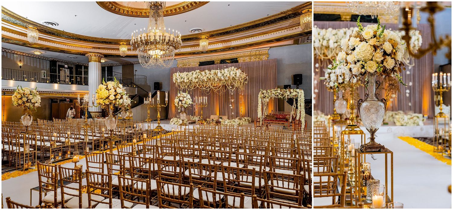 Elegant wedding reception hall with gold chairs and crystal chandeliers in symmetrical arrangement.