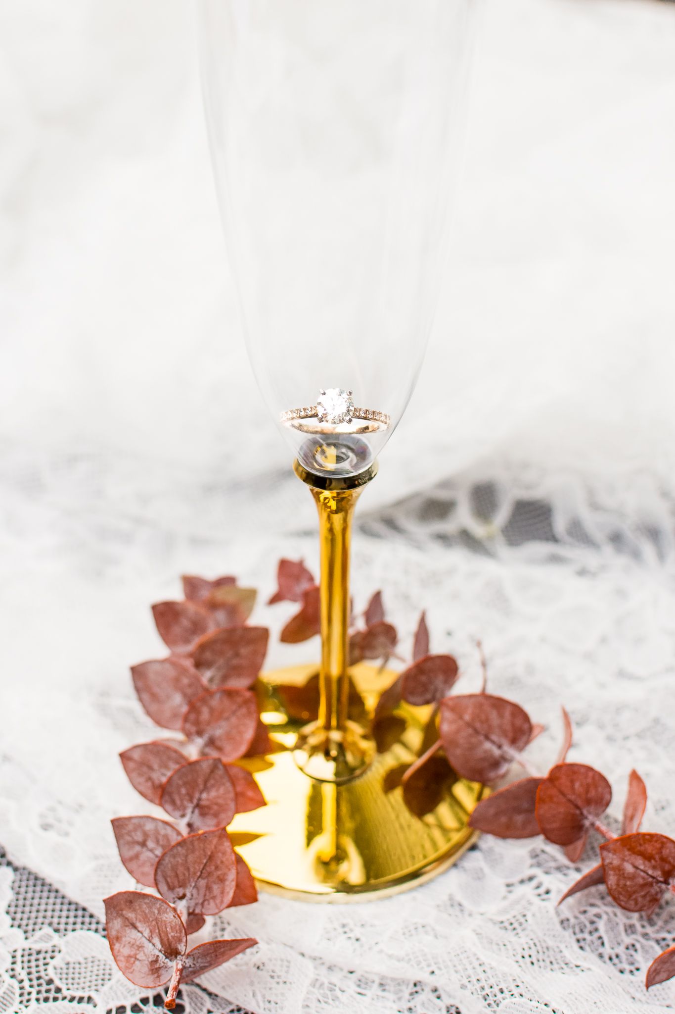 A shining engagement ring with dried florals and lace. Photo taken in Maple Ridge by Kari Mills Photography.