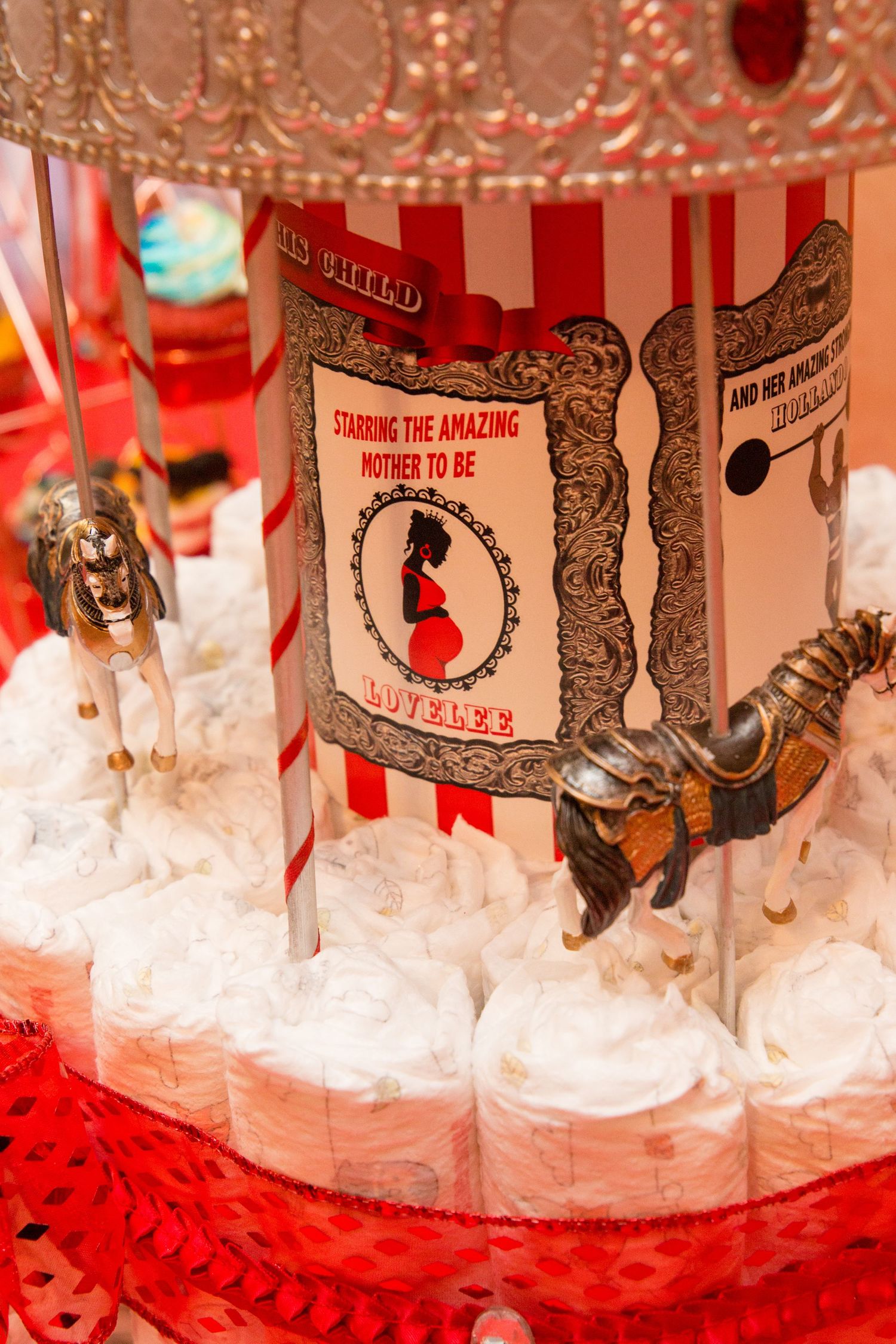 Close-up view of vintage circus-themed decorative elements on a carousel display with white accents.